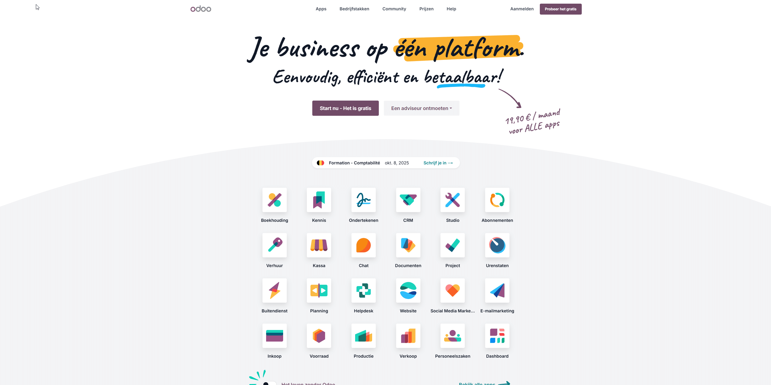 Odoo website - screenshot van homepage met modules - wat is odoo erp - odive - odoo blog en kennisplatform
