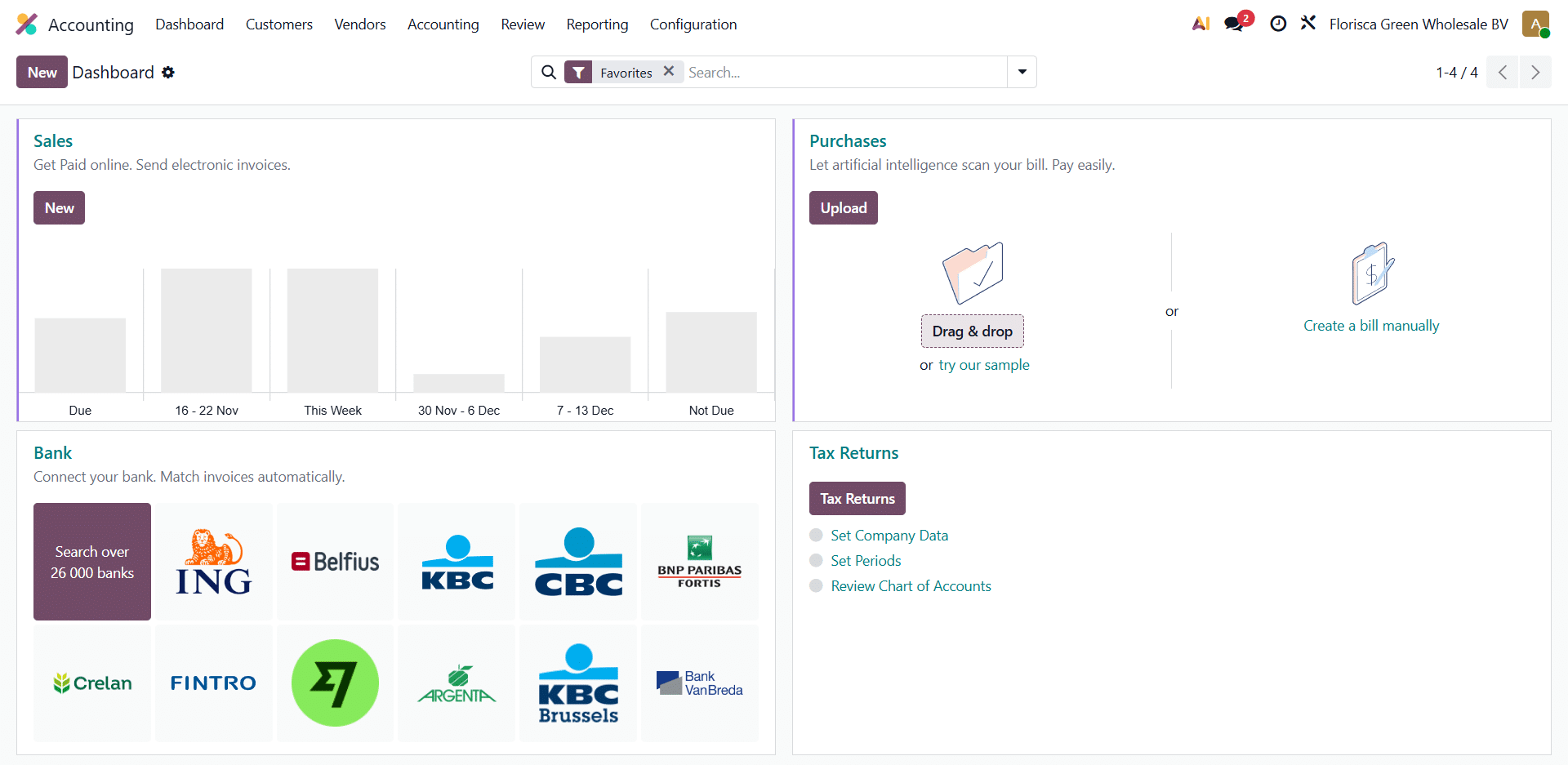 Algemeen dashboard van odoo boekhouding met bank, facturen, herinneringen en kerncijfers